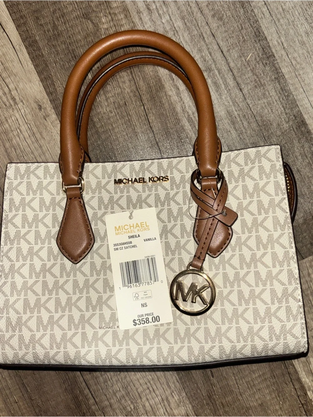 Michael Kors Vanilla & Brown Logo Satchel with Gold MK Charm